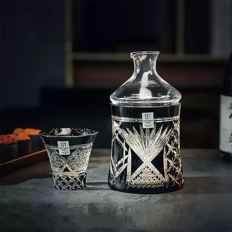 Sake Set Kiriko Glass – Gold Leaf Black Crystal Handcrafted
