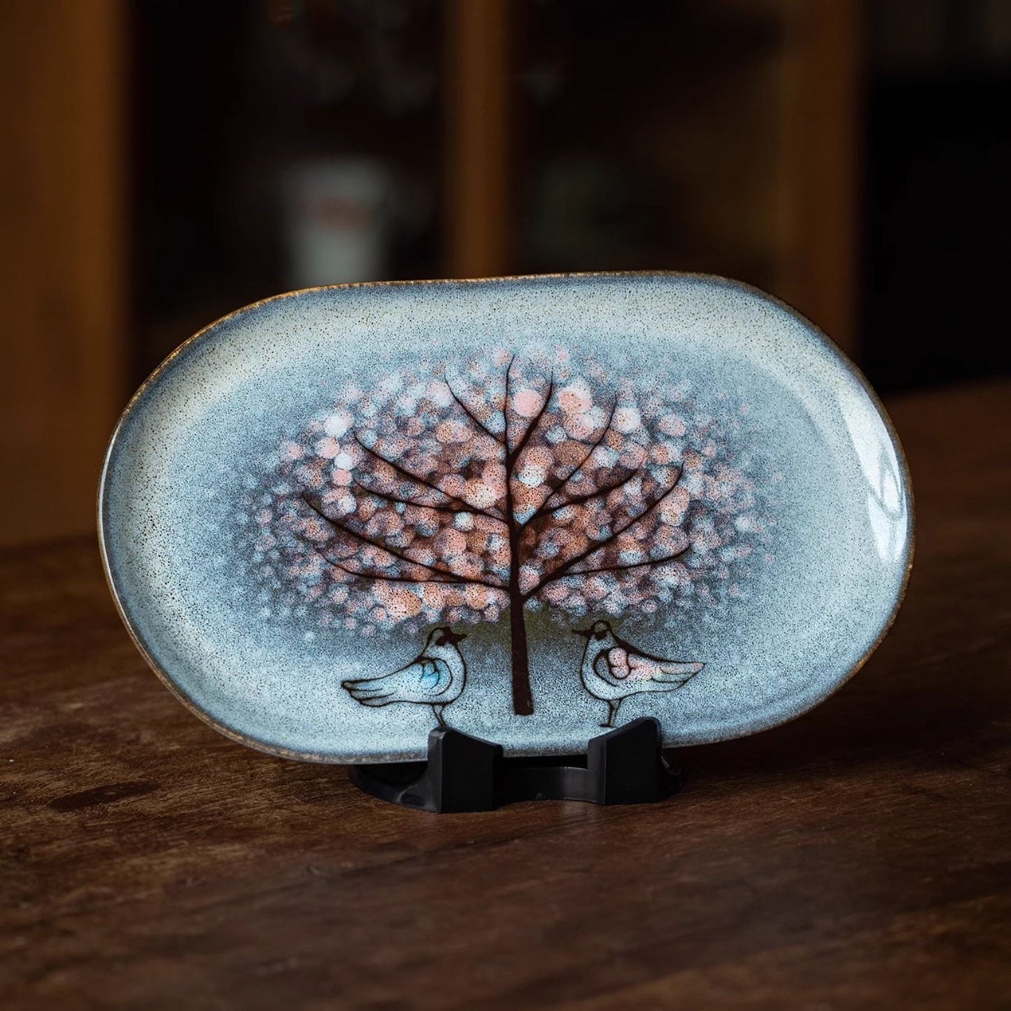 Ceramic Oval Platter – Nunobiki Ware Twin Sparrow Handcrafted