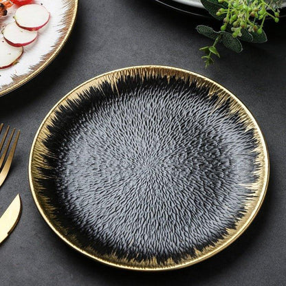 Ceramic Round Dinner Plate – Matte Black White Gold Rim