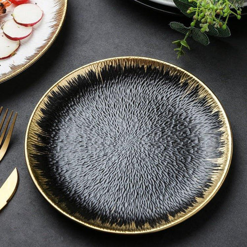 Ceramic Round Dinner Plate – Matte Black White Gold Rim