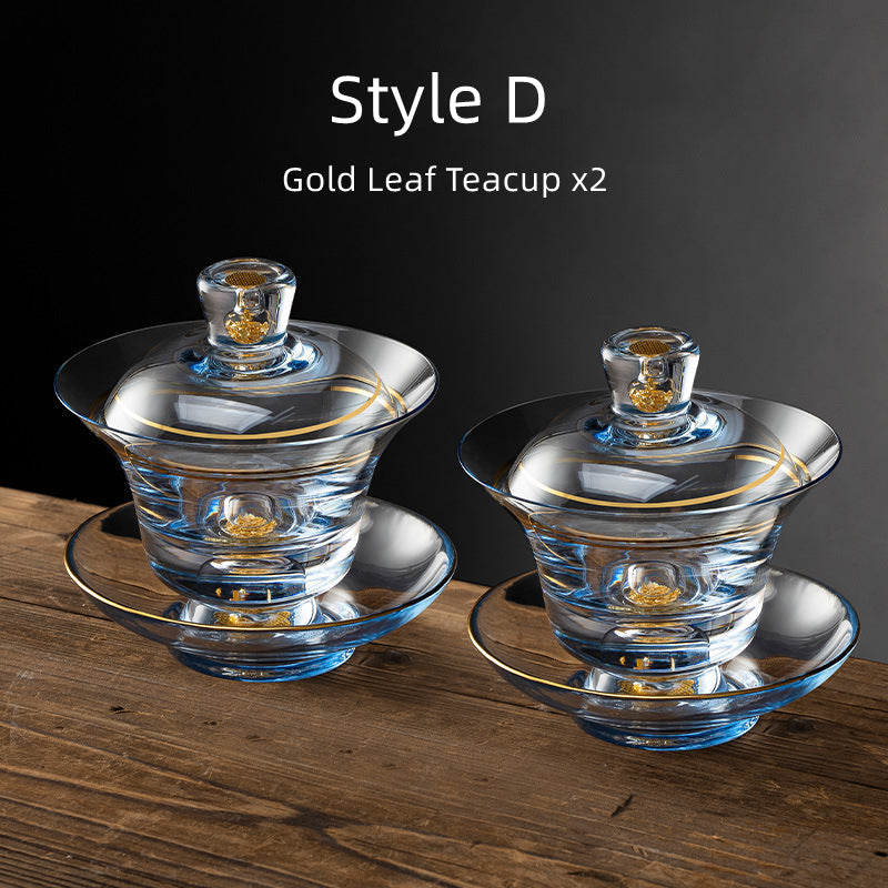 Tea Cups Set of 2 Gold Leaf Borosilicate Glass Gongfu Teacup