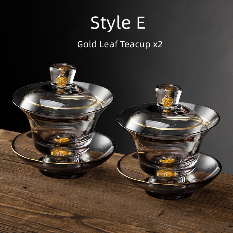 Tea Cups Set of 2 Gold Leaf Borosilicate Glass Gongfu Teacup