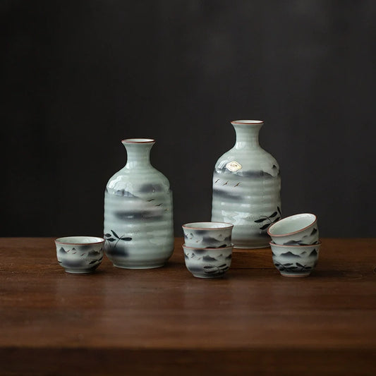 Sake Set Arita Ware Unkai Hand-Painted Japanese Ceramic Sake Flagon Cup Set Gold Foil Mountain Design Made in Japan