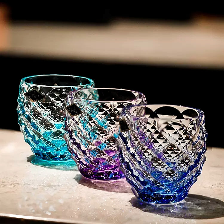 Whisky Glasses Set Bohemia Crystal Chroma Colored Faceted Czech Crystal Glass Set of 6 with Chrome Stand Bar Gift
