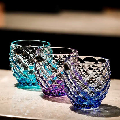Whisky Glasses Set Bohemia Crystal Chroma Colored Faceted Czech Crystal Glass Set of 6 with Chrome Stand Bar Gift
