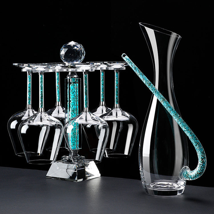 Red Wine Glasses Set Coral Turquoise Stem with Decanter & Stand – Elegant Crystal Glassware