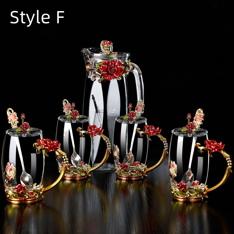 Glass Tea Cup Gift Set – Metallic Floral 4 Cups Jug Spoons