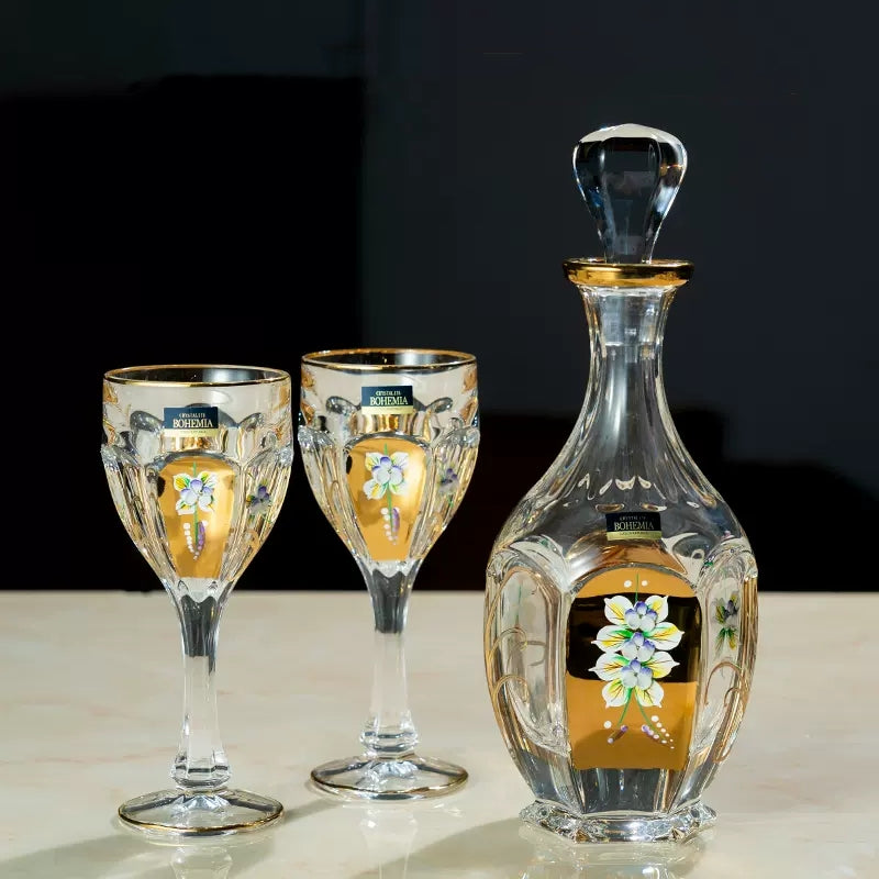 Wine Glass Decanter Set Bohemia Gold Enamel Floral Czech Crystal Wine Glass Decanter High Stem Gift Box