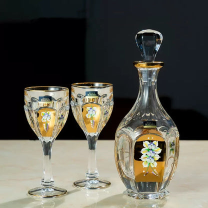 Wine Glass Decanter Set Bohemia Gold Enamel Floral Czech Crystal Wine Glass Decanter High Stem Gift Box