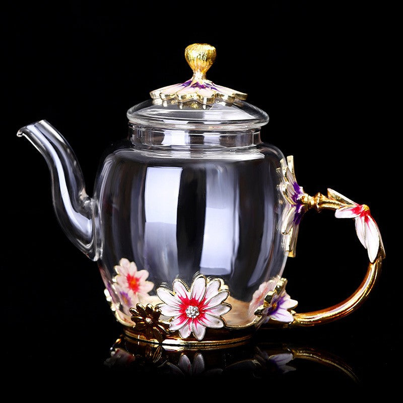 Glass Teapot & Cup Set – Metallic Floral 6 Cups Red Blue