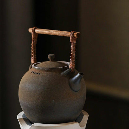 Ceramic Kettle Ball Shape Rattan Handle Handcrafted Tea Boiler