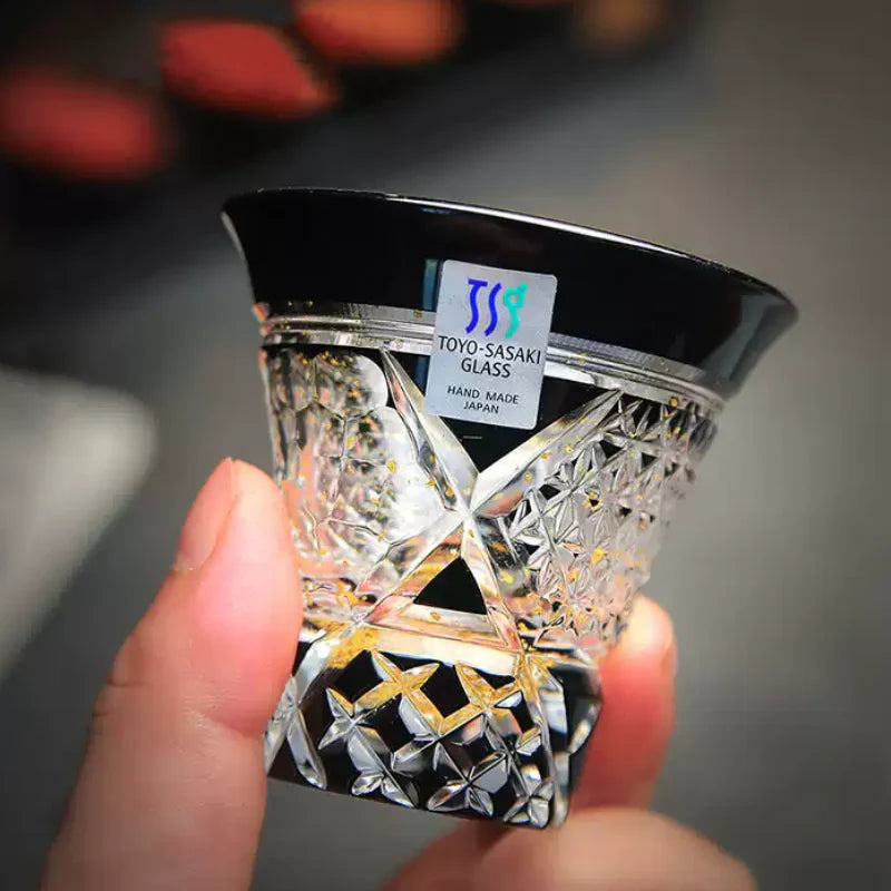 Sake Set Kiriko Glass – Gold Leaf Black Crystal Handcrafted