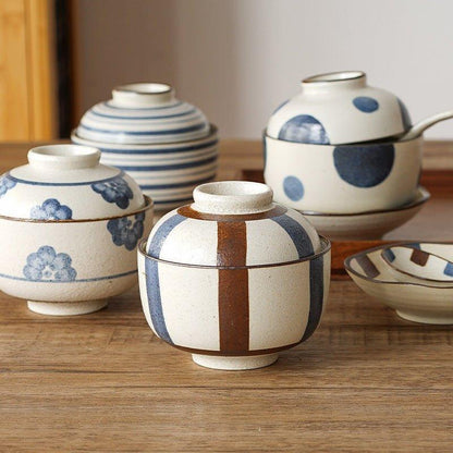 Ceramic Bowl with Lid Japanese Handcrafted Rounded Lidded Bowl Stripes Dotted Flower Styles