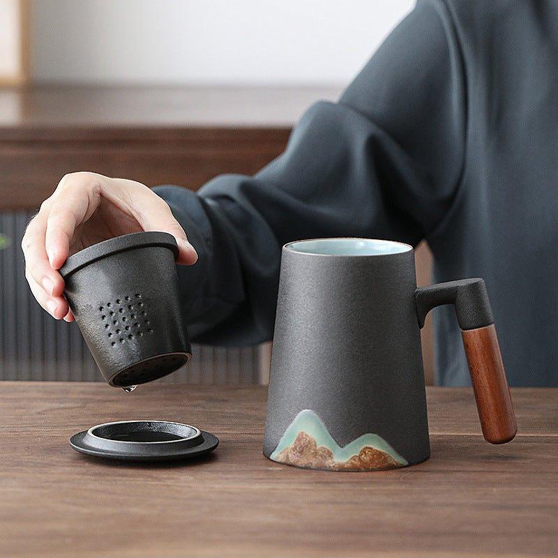 Ceramic Tea Cup with Filter – Mountain Design Large Capacity