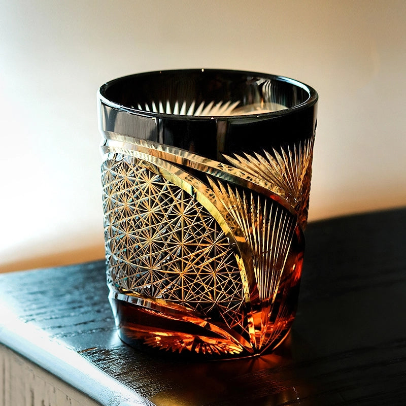 Whiskey Glass Edo Kiriko Crane Feather – Hand-Cut Japanese Tumbler with Wooden Box | 5 Amber Colors