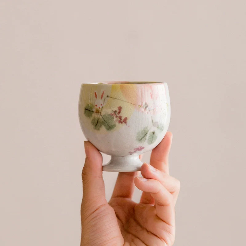 Sake Cups Set for 2 | Seto Ware Rabbit & Flower Couple Cups