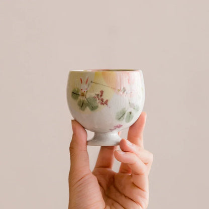 Sake Cups Set for 2 | Seto Ware Rabbit & Flower Couple Cups