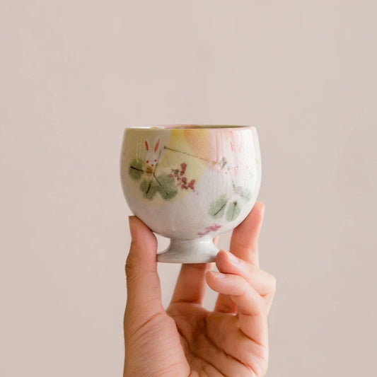Sake Cups Set for 2 | Seto Ware Rabbit & Flower Couple Cups