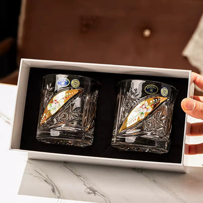 Whisky Glasses Bohemia Floral Enamel Crystal Hand-Painted Gold Gilt Czech Crystal Whisky Glass Gift Set of 2