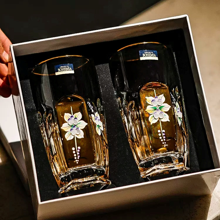 Whisky Glass Decanter Set Bohemia Gold Enamel Flower Czech Crystal Short Tall Whisky Glass Decanter Gift Box