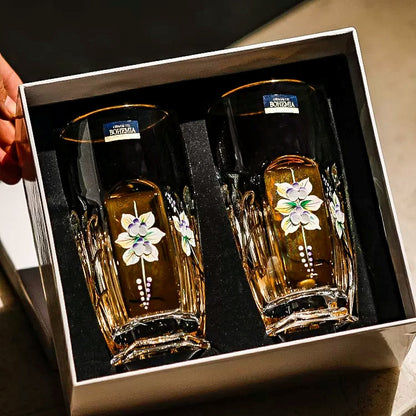 Whisky Glass Decanter Set Bohemia Gold Enamel Flower Czech Crystal Short Tall Whisky Glass Decanter Gift Box