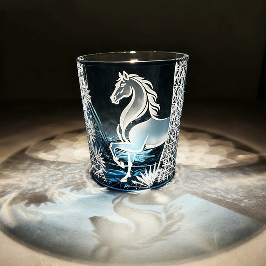 Whiskey Glass Meiba Horse | Edo Kiriko Handcrafted Crystal Glass Blue & Black