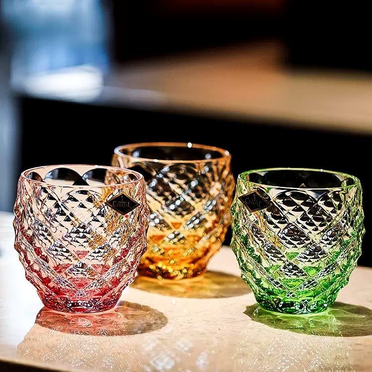 Whisky Glasses Set Bohemia Crystal Chroma Colored Faceted Czech Crystal Glass Set of 6 with Chrome Stand Bar Gift