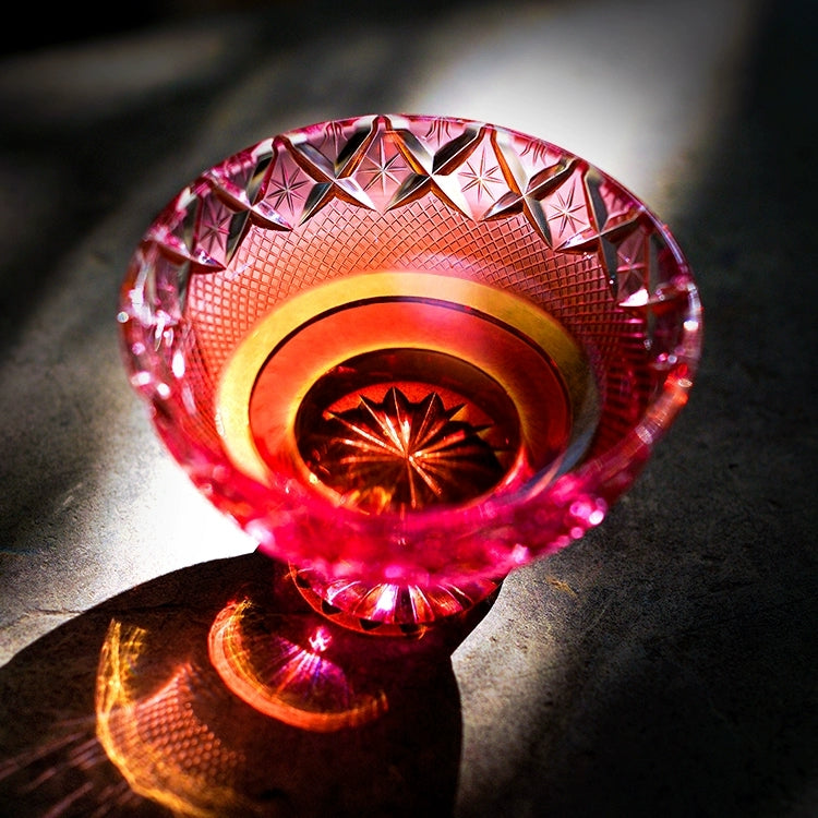 Whiskey Glass Edo Kiriko Royal Treasures – Hand-Carved Floral Pattern Japanese Tumbler with Wooden Box | Gold Red & Royal Blue
