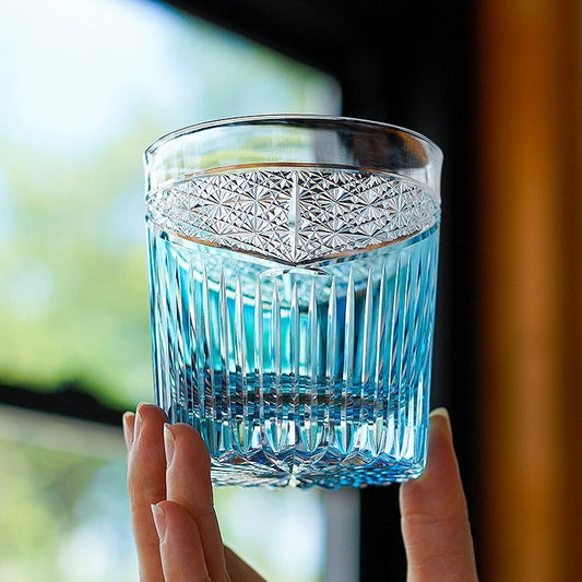 Japanese Cut Glass Edo Kiriko Karmic Whisky Hand-Cut Crystal | Black Turquoise Aqua Glassware