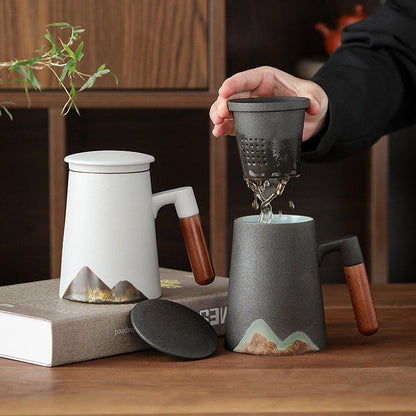 Ceramic Tea Cup with Filter – Mountain Design Large Capacity
