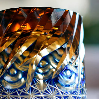 Whiskey Glass Edo Kiriko Blue Amber – Hand-Cut Japanese Tumbler with Wooden Box | Blue Chrysanthemum & Starry Sea