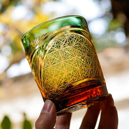 Whiskey Glass Edo Kiriko Crane Feather – Hand-Cut Japanese Tumbler with Wooden Box | 5 Amber Colors