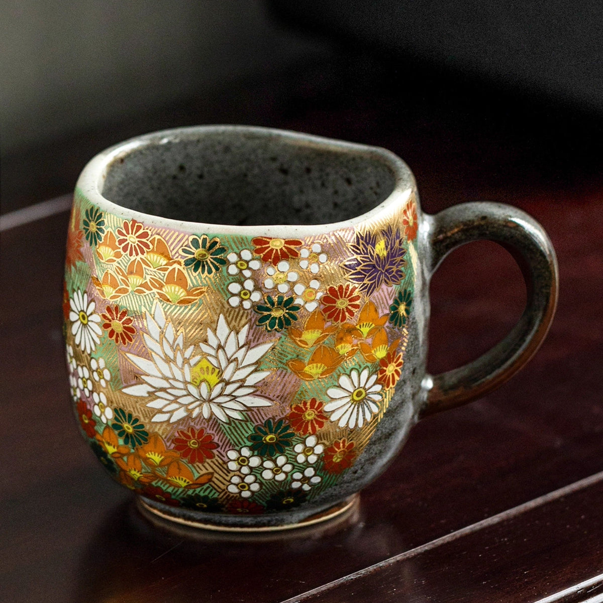 Japanese Ceramic Mug – Kutaniyaki Gold Floral or Cat Night
