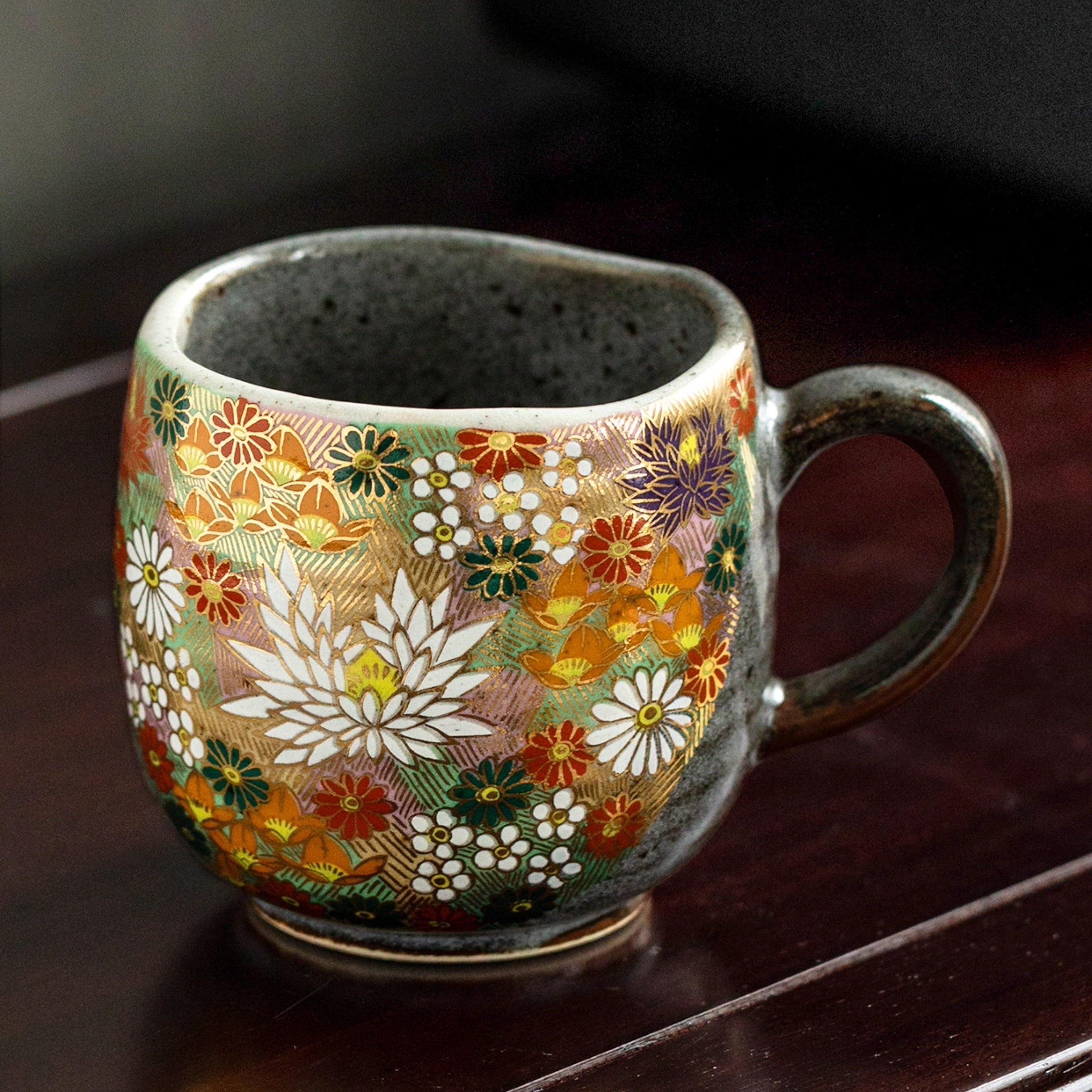 Japanese Ceramic Mug – Kutaniyaki Gold Floral or Cat Night