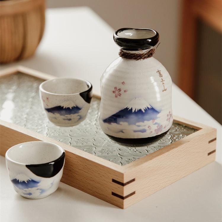 Ceramic Sake Set Mount Fuji Japanese Handcrafted Flagon 2 Cups White Black