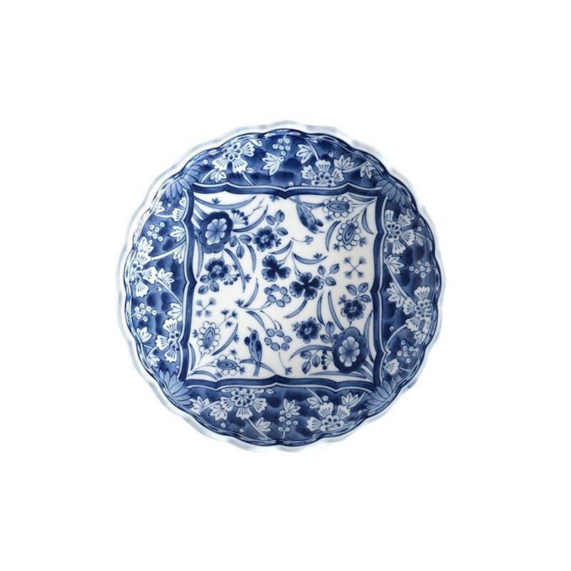 Blue and White Ceramic Bowl and Plate Japanese Handcrafted Traditional Nature Floral Design