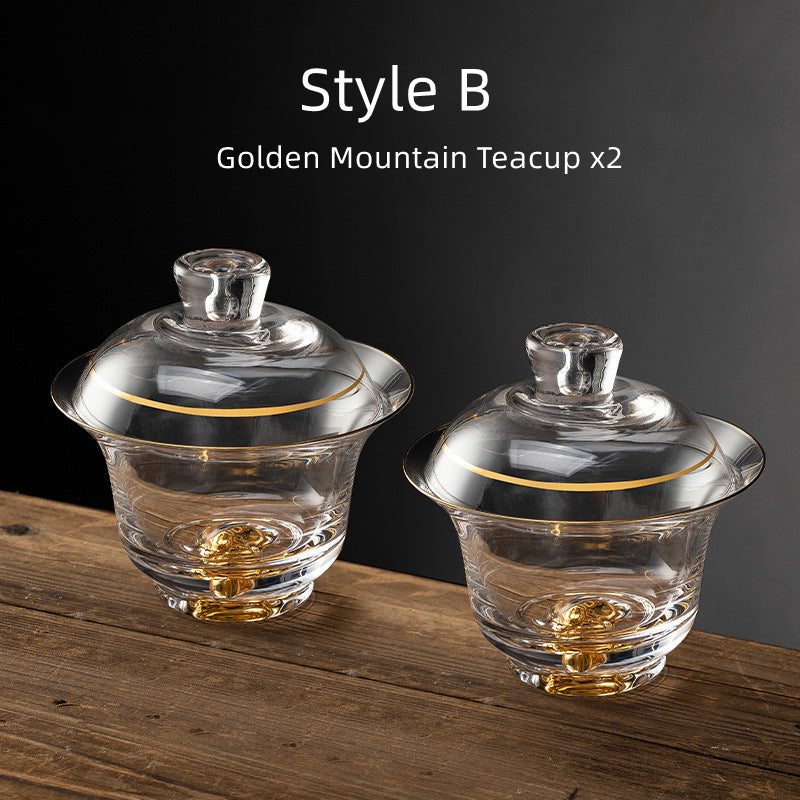 Tea Cups Set of 2 Gold Leaf Borosilicate Glass Gongfu Teacup
