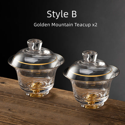 Tea Cups Set of 2 Gold Leaf Borosilicate Glass Gongfu Teacup