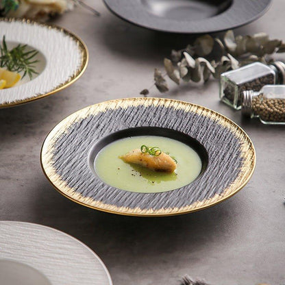 Ceramic Pasta Bowl Plate – Matte Finish Black White Gold Rim