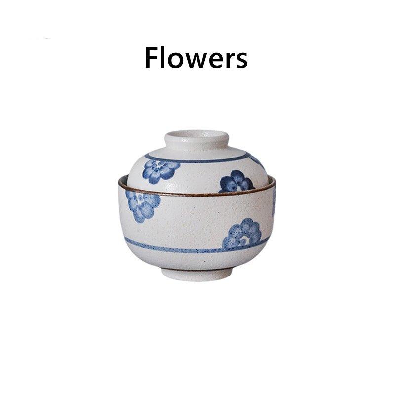 Ceramic Bowl with Lid Japanese Handcrafted Rounded Lidded Bowl Stripes Dotted Flower Styles