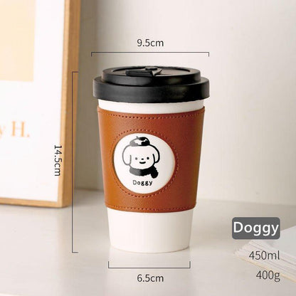 Reusable Coffee Cup Ceramic with Leather Sleeve & Lid – Eco-Friendly Travel Mug | Boy, Girl & Doggie