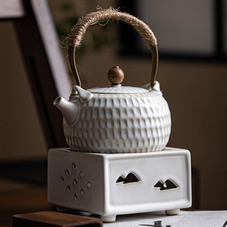 Ceramic Tea Kettle White Dimpled Candle Stove Warmer Set