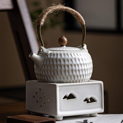 Ceramic Tea Kettle White Dimpled Candle Stove Warmer Set