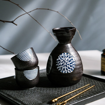 Japanese Sake Set – Sakura Ceramic 1 Flagon 4 Cups Blue Black