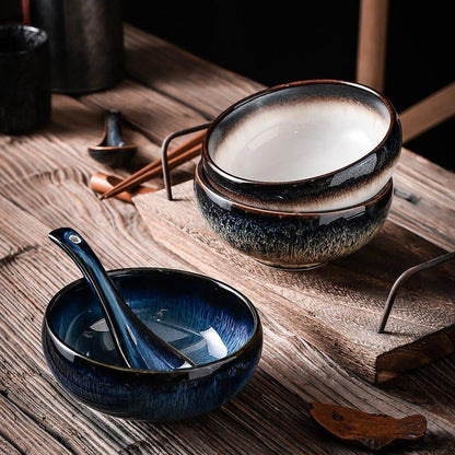 Glazed Ceramic Bowl Japanese Gloss Finish Blue Teal with Spoon Option