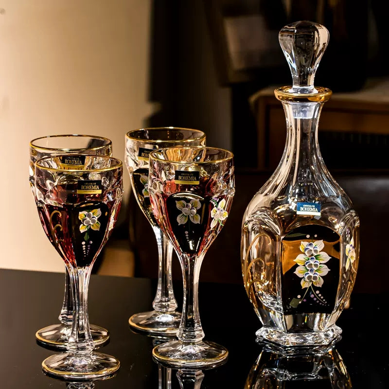 Wine Glass Decanter Set Bohemia Gold Enamel Floral Czech Crystal Wine Glass Decanter High Stem Gift Box