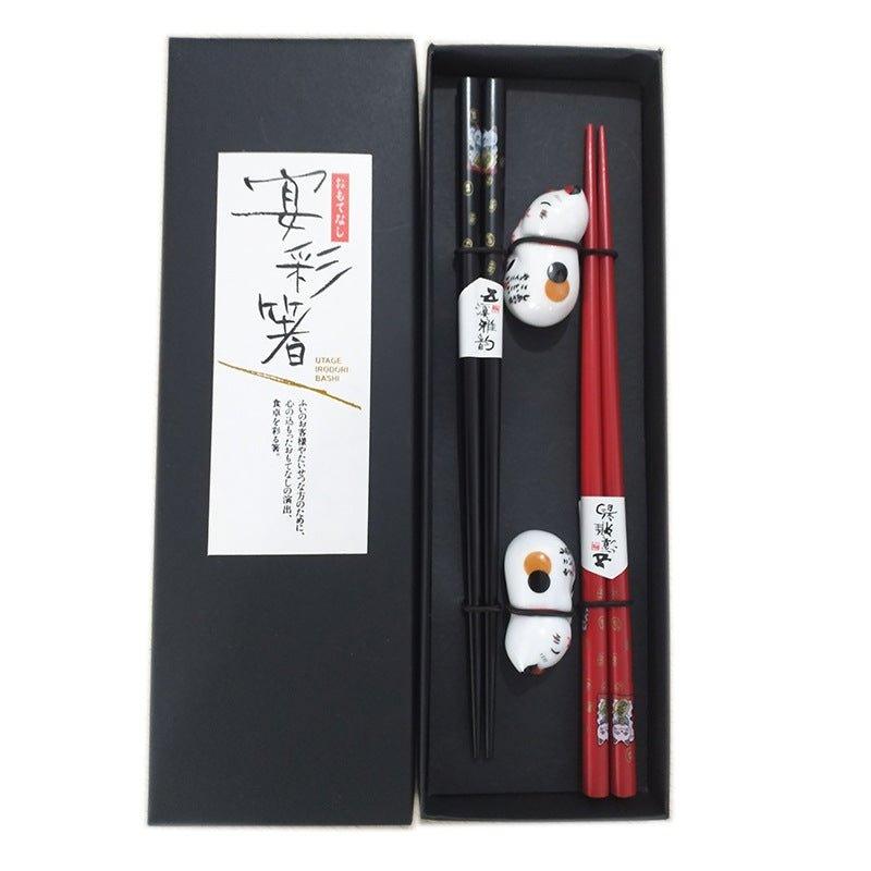 Chopstick Set | Maneki-Neko Lucky Cat Natural Wood Japanese Chopsticks with Rests