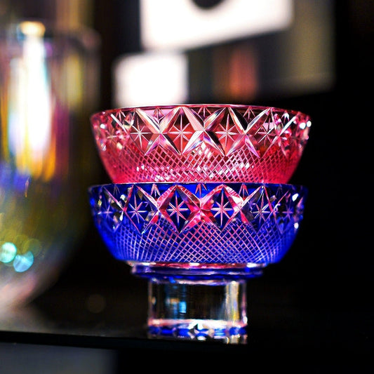 Whiskey Glass Edo Kiriko Royal Treasures – Hand-Carved Floral Pattern Japanese Tumbler with Wooden Box | Gold Red & Royal Blue