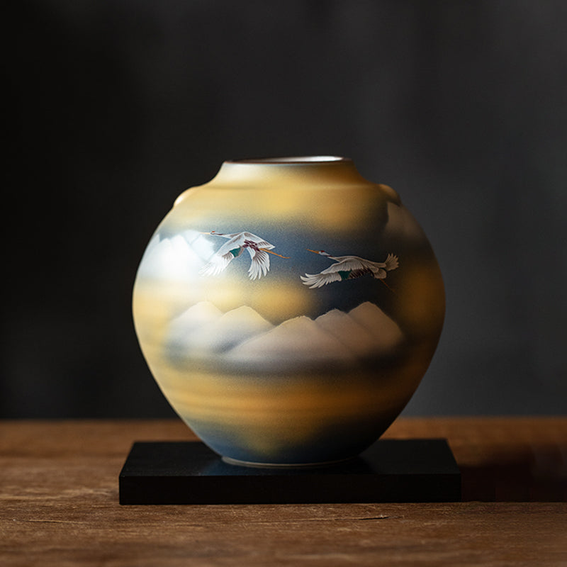 Japanese Ceramic Vase – Kutaniyaki Crane or Fuji Sakura