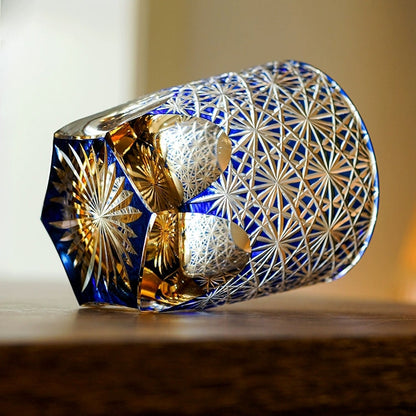 Whiskey Glass Edo Kiriko Blue Amber – Hand-Cut Japanese Tumbler with Wooden Box | Blue Chrysanthemum & Starry Sea